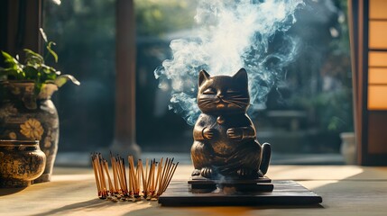 Zen Cat Figurine: Elevate Your Space with Tranquil Japanese-Inspired Decor