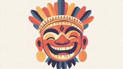 A cheerful small figure wearing a traditional Maya idol mask, smiling warmly, depicted in an illustration with intricate cultural details and vibrant colors.