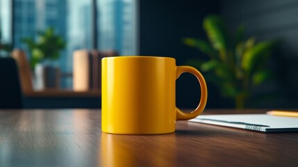 Modern Yellow Mug on Office Desk. Generative AI