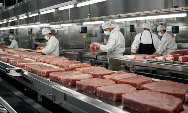 A meat processing facility with workers preparing cuts of beef on stainless steel tables.