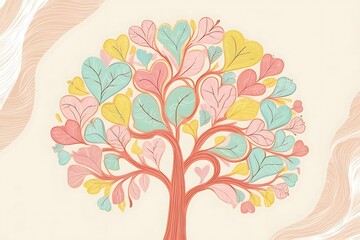 Valentine frame with colorful spring tree with hearts and flowers isolated on a white background.