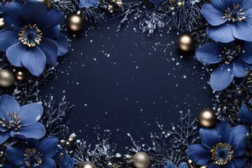 Elegant Dark Fantasy Christmas Frame with Blue Flowers, Snowflakes, and Decorative Ornaments Perfect for Holiday-Themed Designs and Invitations