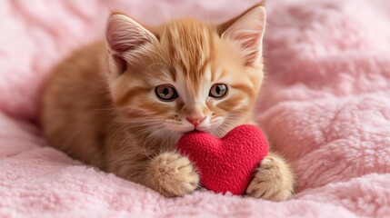 Adorable Orange Kitten Holding Red Heart on Soft Pink Blanket