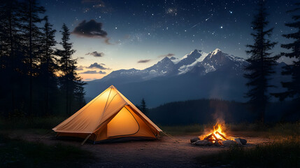 Camping Tent Illuminates Under Starry Night Sky with Bonfire