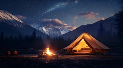 Camping Tent Glows Under Starry Night with Warm Fire in Mountains