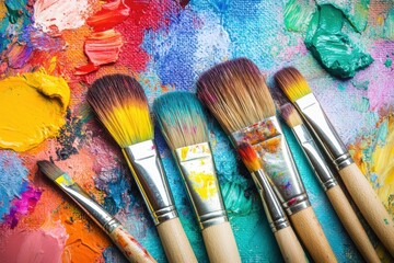 Fototapeta premium Variety of artist brushes surrounded by vibrant paints and colors on a textured canvas ready for creative expression. Generative AI