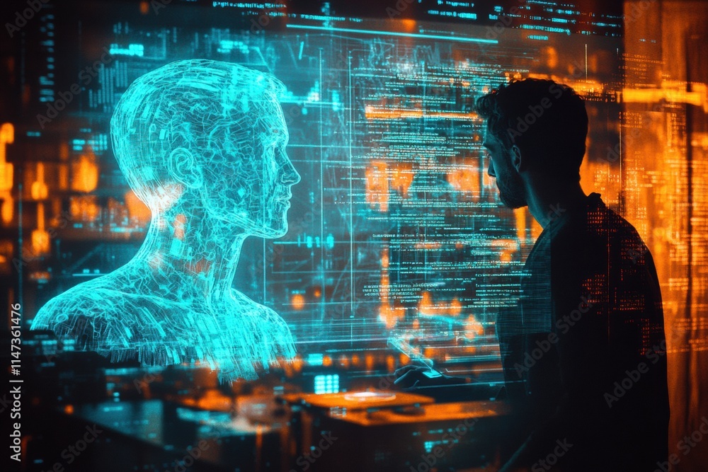 Aufkleber Collaboration between human and AI in a futuristic workspace for advanced problem solving and creativity. Generative AI