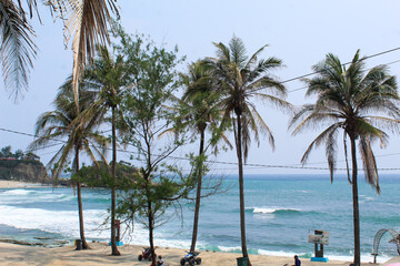 Pacitan, Indonesia December 21, 2024: Coconut trees line the blue sea background of Klayar Pacitan beach, a beach famous for its white sand.