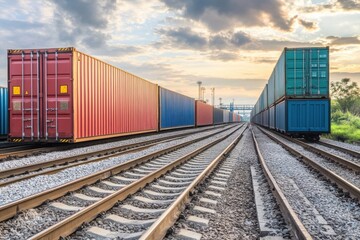 Obraz premium Freight Terminal with Tracks Under Cloudy Sky
