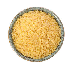 Raw bulgur in bowl isolated on white, top view