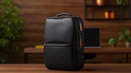 Minimalist Black Backpack in Modern Office Setting. Generative AI