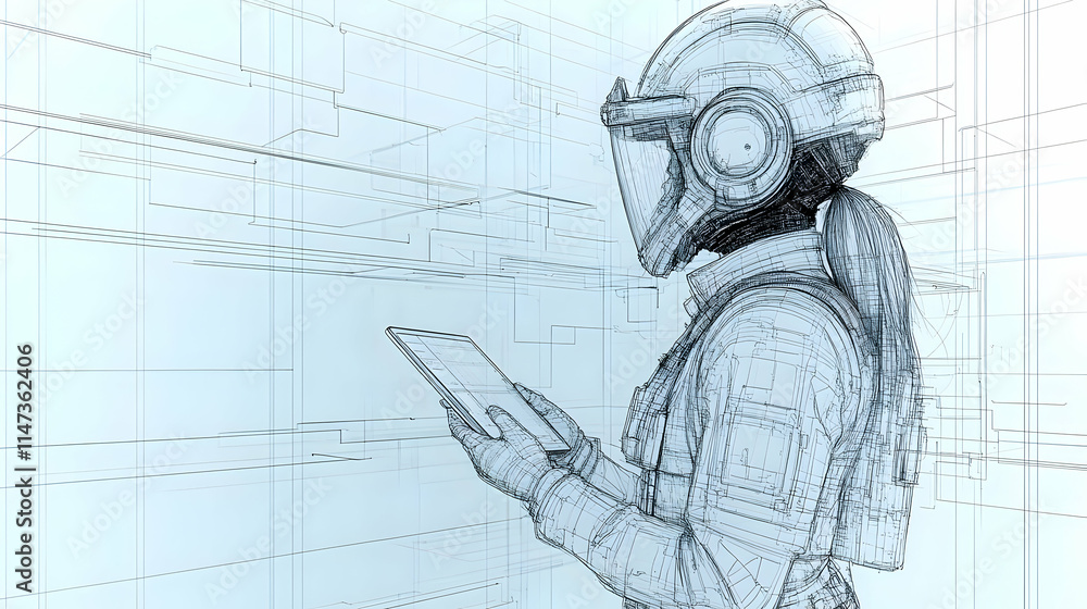 Poster digital person uses tablet in futuristic grid setting interactively