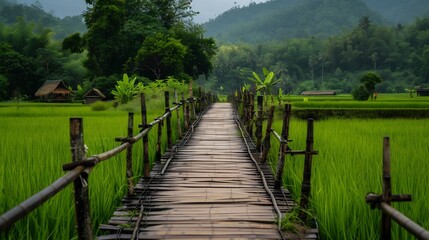 Fototapeta premium Serene Bamboo Bridge Across Lush Rice Paddies