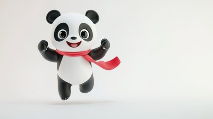 Very Cute and Energetic White Panda Mascot with Black Eye Circles and Ears, Round Head, Red Scarf, and Thumbs Up, Running on the Track with a Big Smile and Lively Personality on a White Background
