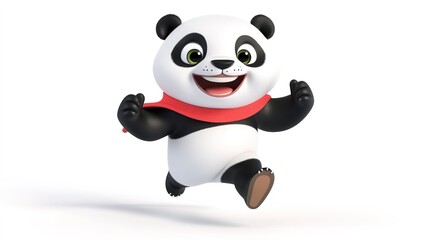 Fototapeta premium Very Cute and Energetic White Panda Mascot with Black Eye Circles and Ears, Round Head, Red Scarf, and Thumbs Up, Running on the Track with a Big Smile and Lively Personality on a White Background