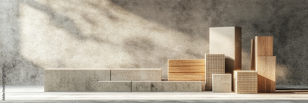 Poster construction materials arranged creatively in a minimalist interior space during daylight hours. gen