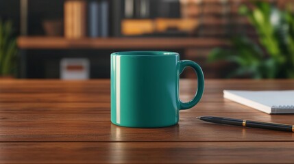 Fototapeta premium Green mug mockup on a clean desk. Generative AI