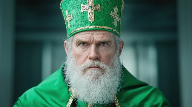 Serious elderly man in green bishop's attire.