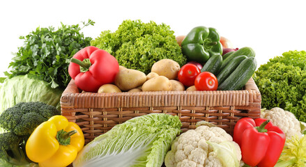 Many different ripe vegetables isolated on white