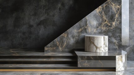 Elegant modern interior featuring marble textures and geometric shapes, creating a sophisticated ambiance.