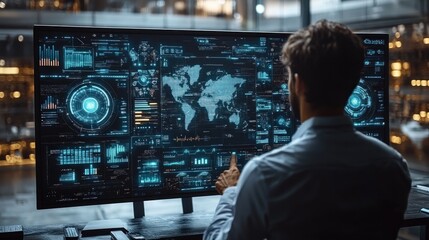 Man using futuristic touchscreen interface showing global data.