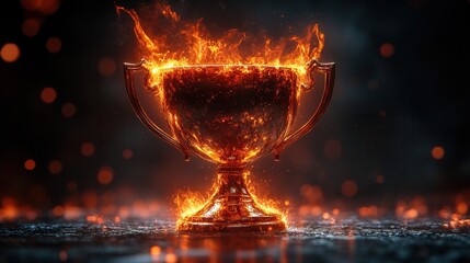 A fiery trophy glows with flames, symbolizing victory and achievement in a dramatic setting.