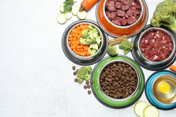 Dry pet food and natural products on light table, top view. Space for text