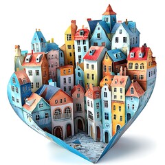 Whimsical Watercolor Paper Town in Heart-Shaped Foldout.