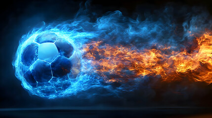 Fiery Football Blazes Through Air with Blue Flames Dynamically