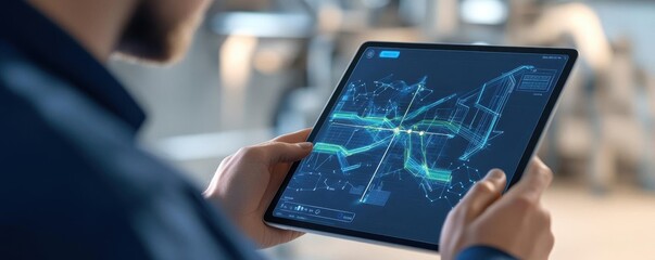 An engineer programming a clean energy grid on a futuristic tablet, integrating solar and wind power under ESG goals