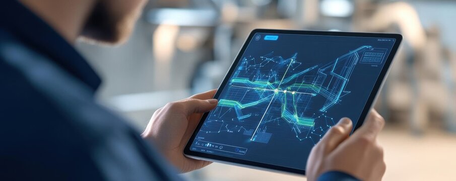 An engineer programming a clean energy grid on a futuristic tablet, integrating solar and wind power under ESG goals