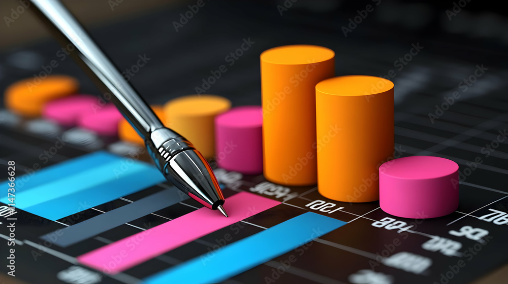 Poster chart analysis shows growth with pen pointing at increase data