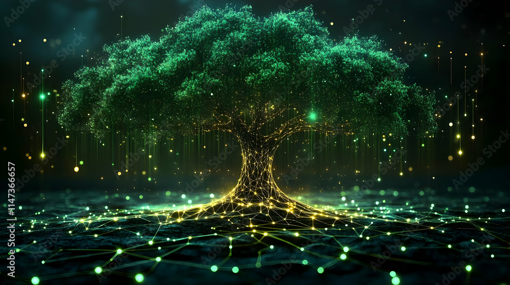 Poster digital tree connects with glowing network roots