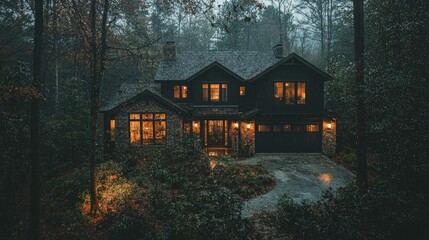 Dark modern house in misty forest at night.