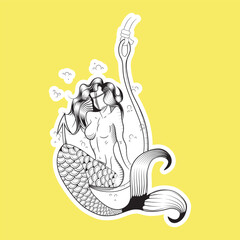 sketch style mermaid illustration sitting on a hook under the sea, just the line with white sticker border