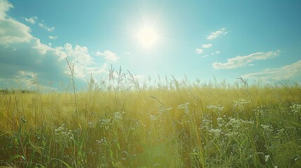 Sunlit Field of Golden Grass and Wildflowers Under a Bright Blue Sky