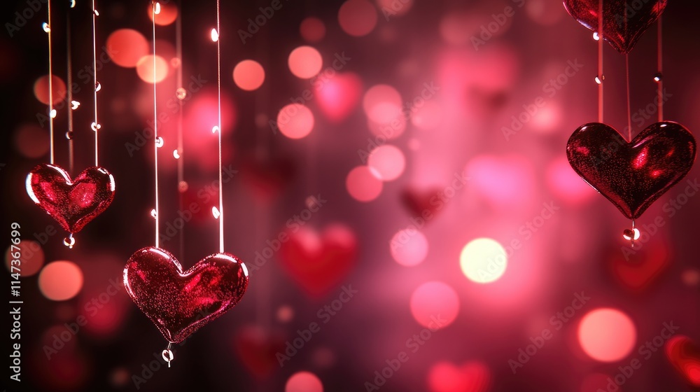 Poster shimmering red hearts with blurred bokeh effect for romantic vibes