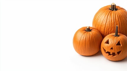 Three pumpkins; two whole, one carved jack-o'-lantern face, on white background.