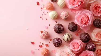 Assorted Chocolates and Pink Roses on a Soft Pink Background