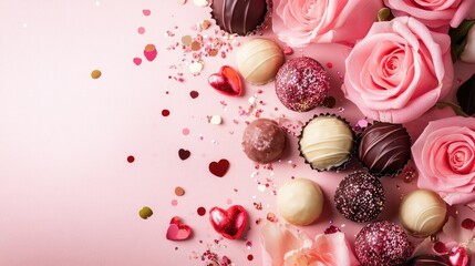 Romantic Arrangement of Roses and Assorted Chocolates on Pink Background