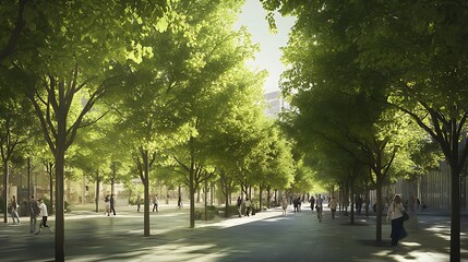 Fototapeta premium A row of lush green trees lining a city street, offering a contrast to the surrounding urban environment, with pedestrians walking underneath the canopy 