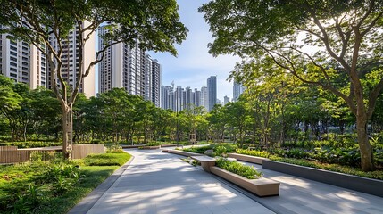 A modern city park with walking paths shaded by large trees, offering a peaceful escape from the surrounding urban hustle and bustle 