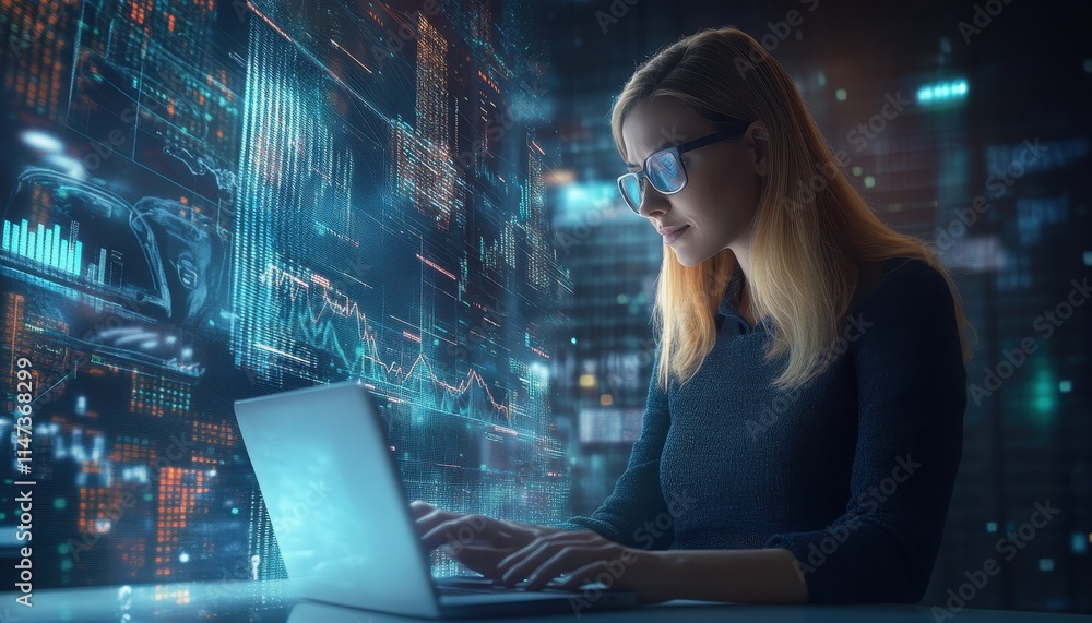 Poster woman working on laptop with futuristic data visualizations displayed in background