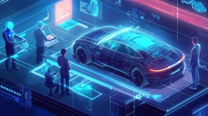 Engineers examine digital car model on holographic interface.