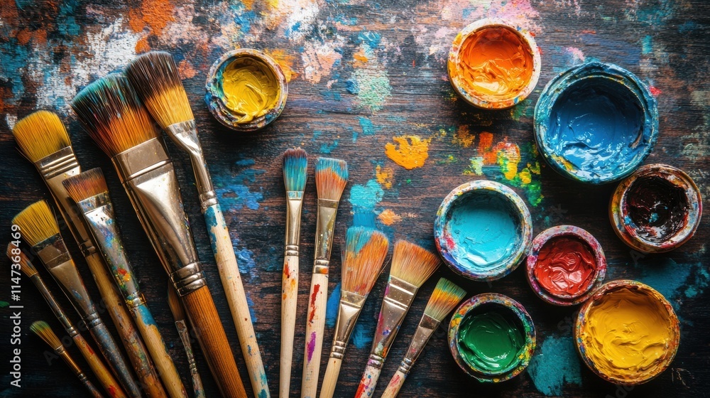 Aufkleber colorful artist supplies arranged on a table with ample space for creative work and artistic express
