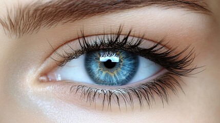 Obraz premium Close-up view of a detailed blue eye reflecting a vibrant world around it
