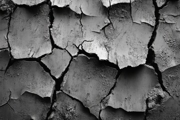 Obraz premium Cracked Earth Surface in Monochrome Highlighting Texture and Patterns of Deterioration on a Dry Ground Landscape for Artistic and Environmental Concepts