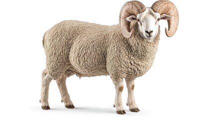 Fototapeta premium Ultra-realistic depiction of a Merino d'Arles ram , a prestigious breed from the Arles region in southern France, standing on all four legs with intricate detail and lifelike texture, isolated a