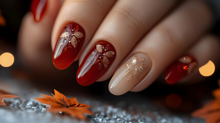 Autumn Nail Art Designs: Red & Gold Glitter Manicure Tutorial