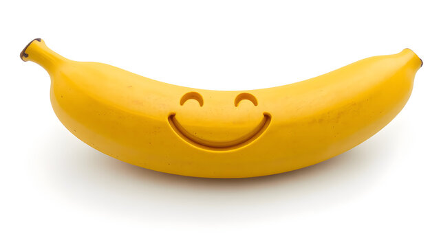 A bright yellow banana with a smiley face carved into its peel, the texture of the carved area and smooth banana skin highly detailed, isolated on a white background, rendered in 8K